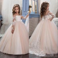 Wholesale New Design Flower Girls Dresses For Weddings Illusion Long Sleeves Lace Appliques Birthday Wear Children Party Gowns Kids Girl Pageant Dress