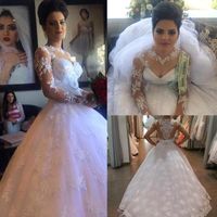 Wholesale Sexy A Line Wedding Dresses heart shaped collar transparent long sleeve Lace Applique back zipper tail wedding dress custom package
