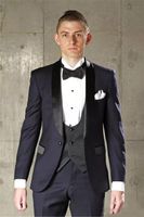 Wholesale Brand New Navy Blue Groom Tuxedos Black Shawl Lapel Groomsman Wedding Suit Excellent Men Business Prom Jacket Blazer Jacket Pants Tie Vest