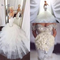 Wholesale Sparkly Elegant Mermaid Wedding Dresses Crystal Beaded Tulle Puffy African Bridal Gowns Plus Size Vestidos De Novia