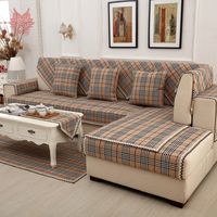 Wholesale British brown plaid sofa cover cotton linen lace decor sectional slipcovers canape furniture covers fundas de sofa SP3618