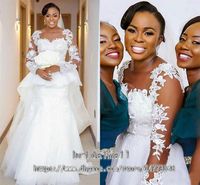 Wholesale New Mermaid African Wedding Dresses Lace Appliques Sheer Long Sleeves Peplum Wedding Dress Plus Size Dubai Vestidos Formal Bridal Gowns
