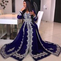 Wholesale Blue Arabia Long Sleeve Prom Dresses V Neck Crystal Beads Lace Applique abaya caftan Dubai Satin Floor Length Muslim Formal Evening Dress