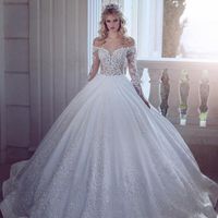 Wholesale Charming Vintage A Line Wedding Dresses Off Shoulder Long Sleeves Tulle Lace Appliques Fitted Puffy Wedding Bridal Gowns