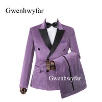 Wholesale Gwenhwyfar New Arrival Lavender Velvet Groom Tuxedos Groomsmen Stripe Decorated Pants Best Man Wedding Prom Dinner Suits sets