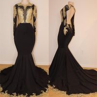 Wholesale 2019 Hot African Black and Gold Mermaid Prom Dresses High Neck Gold Lace Appliques See Through Open Back Long Sleeves Evening Gowns