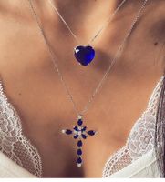 Wholesale Multilayer Cross pendant Blue Rhinestones Crystal Heart Necklace Titanic Heart of the Ocean Necklaces for Women Fashion jewelry