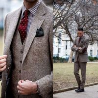 Wholesale Vintage Winter Tweed Suits Brown Tweed Men Suits With Patch Design Pieces Costume Homme Smart Business Formal Wedding Suits NO