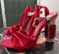 Wholesale 2019 Fashion Summer Sandal Shoe Red Purple Black Silk Leather Diamond Heel Chunky Heel Wedding Shoe Bridal Sandalias