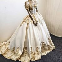 Wholesale 2020 Vintage Gold Appliques Ball Gown Wedding Dresses Off The Shoulder Saudi Arabia Dubai Princess Plus Size Bridal Gown