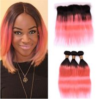 Wholesale B Pink Ombre Straight Peruvian Human Hair Bundles and Frontal Ombre Rose Gold Full Lace Frontal Closure x4 with Weaves