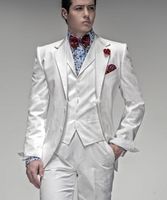 Wholesale New Hot Sale Two Buttons White Groom Tuxedos Notch Lapel Groomsmen Best Man Mens Wedding Suits Prom Suit Jacket Pants Vest Tie