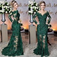 Wholesale Elegant Dark Green Emerald Lace Appliques Long Sleeves Prom Dress Sheer Mermaid Prom Lady Event Party Wear Evening Maxi Gown Custom Made
