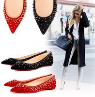 Wholesale Perfect Red Bottom Escarpic Flat Suede Leather Ballerinas Shoes With Spikes Ladies Pointed Toe Women Party Wedding Black
