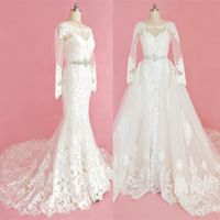 Wholesale Hot designer Mermaid Lace Wedding Dresses Removable Chapel Train Long sleeves Bridal Gown Buttons Sheer back Affordable price