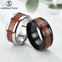 Wholesale Valentine s Day Nature mm Wood Inlay Polish Mens Ring Black Silver Titanium Steel Wedding Band Engagement Ring Z