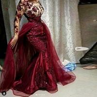 Wholesale 2020 New Burgundy Sequined Floral Lace Mermaid Prom Dresses With Detachable Train Modest Full Sleeves Prom Gowns Muslim Formal Dresses