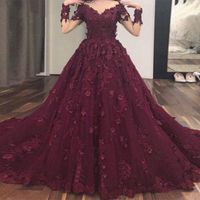 Wholesale Burgundy D Flower Wedding Dresses With Full Sleeves Off the Shoulder A line Arabic Non White Colored Bridal Gowns Bride s Dress Custom Made