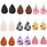 Wholesale Fashion Printing Pu Leather Water Drop Flower Earrings Double sided Sequins Sliver Plating Hook Drop Leather Earring Best Gift For Women