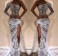 Wholesale White Full Lace Mermaid Evening Dresses Hot Sell Side Split Modern One Shoulder See Through Red Carpet Pageant Celebrity Gowns Arabic