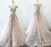 Wholesale Dreaming Pink Lace Pearls Embroidery Dresses Evening Wear Bateau Cap Sleeve Empire Waist Draped Evening Gowns Party Formal Prom Dress