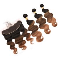 Wholesale Black Brown to Medium Auburn Ombre Malaysian Virgin Human Hair Weaves with Frontal B Body Wave Ombre Bundles with Lace Frontal