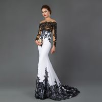 Wholesale Long Sleeve Mermaid Evening Dresses Appliques Black Lace Sweep Train Formal Party Dress for Women Prom Gowns