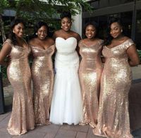 Wholesale Sparkly Rose Gold Sequins Mermaid bridesmaid dresses Off Shoulder Plus size Beach Wedding Guest Dresses Light Gold Champagne Backless