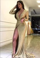 Wholesale Golden Sequin Long Sleeves Prom Evening Dresses Arabic Deep V neck high side Slit Sparky Sexy Floor Length Special Occasion Gowns