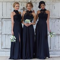 Wholesale Navy blue Bridesmaid Dresses for Wedding Long Chiffon A Line halter split side Formal Party Lace Modest Maid Of Honor Dress
