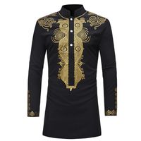 Wholesale Laamei Adult Men African Black Golden Printed Long Sleeves Button Shirt Stand Up Collar Tribal Folk Tunic Top For Men Plus Size