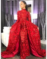 Wholesale 2019 Red Sequins Mermaid Prom Evening Dresses Sparkly Long Sleeve Formal Party Gown Detachable Train Plus Size Pageant Dress Custom Made