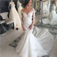 Wholesale 2020 Beautiful Mermaid Wedding Dresses Scoop Neck Long Sleeve Lace Appliques Beading Wedding Gown Tiered Tulle Chapel Train Bridal Gowns