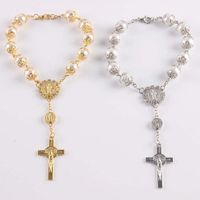 Wholesale Cross Rosary Bracelet Religious Jewelry Women Men Fashion Silver Gold Beads Glass Pearl Jesus Christian Charm Bracelets with Lobster Clasp