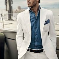 Wholesale Ivory Pieces Linen Groom Tuxedos For Beach Wedding Slim Fit Mens Prom Dinner Suits Casual Blazer Best Men Groomsman Suit Male
