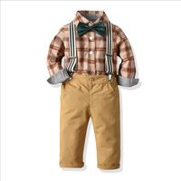 Wholesale Baby Boy Suspenders Outfit Autumn Cotton Gentleman Brown Plaid Romper Shirt Tie and Braces Suit Boys Months