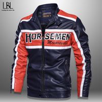 Wholesale 2019 New Fashion Mens Bomber Jacket Winter Motorcycle PU Leather Jackets Cool Racing Fleece Striped Coat Autumn Men Pilot Slim