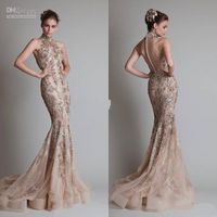 Wholesale High Neck And Luxurious Silver Appliques Sexy See Through Organza Button Back Mermaid Trumpet Elie Saab Evening Formal Prom Dresses With