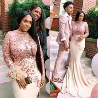 Wholesale Pink Mermaid Prom Dresses South African Girls Sheer Long Sleeve Appliques Sweep Train Evening Party Gowns Formal Illusion Style
