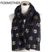 Wholesale Shawls FOXMOTHER Lightweight Navy White Color Foil Gold Sliver Elephant Animal Print Scarf Hijab Muslim Shawl Wraps Ring Loop Scarves Women
