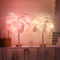 Wholesale Creative feather Table lamp warm white light tree feather lampshade girl LED wedding decorative lights pink white birthday gift