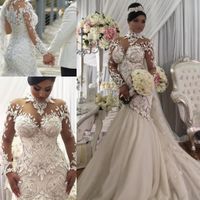 Wholesale Plus Size Illusion Long Sleeve Mermaid Wedding Dresses Nigeria High Neck Castle Wedding Bridal Gowns Buttons Back Vestidos de Novia