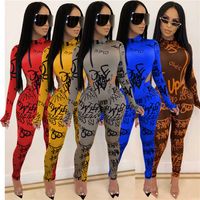 Wholesale Women pieces set print sweatsuit night club wear casual long sleeve outfits sportswear sexy bodysuits top Pants plus size outfits