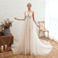 Wholesale 2020 Modern Crew Sheer Neck Aline Soft Tulle Wedding Dresses with Beaded Appliques Lace Up Backless Skirt Piping Border Bridal Dresses