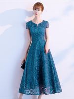 Wholesale Elegant Peacock Lace Homecoming Dresses Jewel Short Sleeve Cocktail Dressessses Zipper Graduation Prom Party Gowns Teal Length Mother Dre