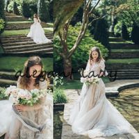 Wholesale Long Sleeve Countryside Wedding Dresses Luxury Full Lace Applique Princess Big Chapel Train Outdoor Garden Bridal Wedding Gown