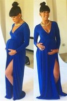 Wholesale Modest Royal Blue Evening Dress For Pregnant Woman Baby Shower Deep V Neck Long Sleeves Prom Dresses With Slits Cheap Formal Evening Gown