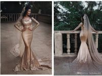 Wholesale Mermaid Two Pieces Long Sleeve Muslim Champagne Wedding Dresses Nigeria With Long Veil Sexy Lace Applique abiti da sposa Bridal Gown H060