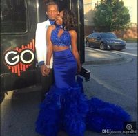 Wholesale Royal Blue sexy Two Piece Prom Dresses Mermaid Layered with Lace Applique Beaded Long African Prom Gowns Court Train for Evening Party