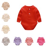 Wholesale Infant solid color sweaters long sleeve ruffle collar cotton rompers baby girl pink beige white autumn clothing